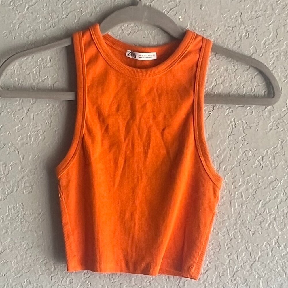 Zara Orange Ribbed Polyamide Crop Tank Top
